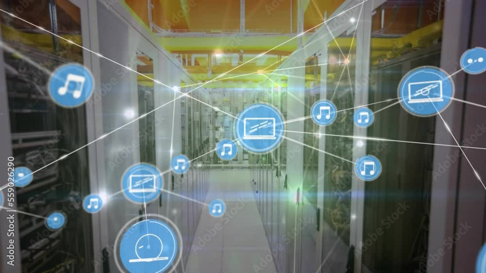 Poster animation of network of connections and data processing over computer servers