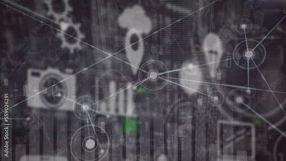 Poster animation of network of connections and data processing over cityscape
