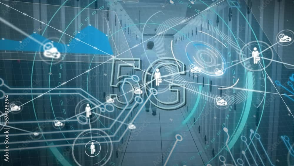 Poster animation of 5g text, network of connections and data processing over computer servers