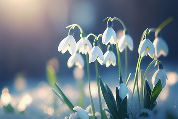 Beautiful bokeh meadow with snowdrops spring flowers stylized illustration. Generative AI