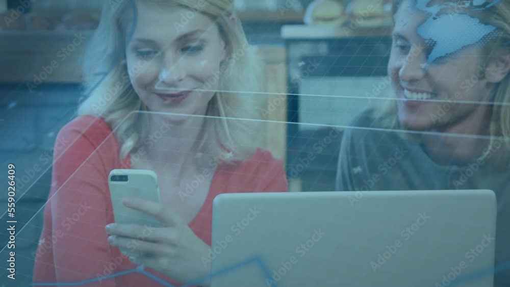 Poster animation of data processing over business people using electronic devices