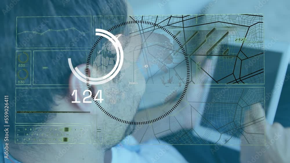 Poster animation of scope with data processing over caucasian businessman using tablet