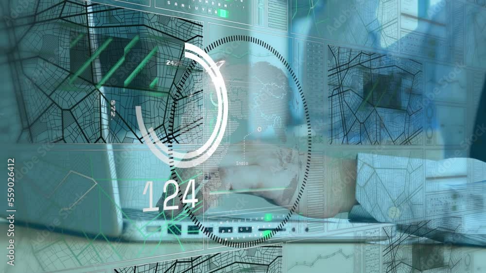 Poster animation of scope with data processing over caucasian businessman using laptop