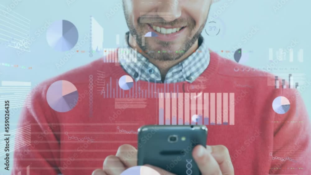 Poster animation of financial data processing over caucasian businessman using smartphone
