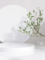 3D render beautiful white podium for whitening beauty skincare products display backdrop, templates with natural green leaves plant twig, sunlight and foliages leaves shadow. Floor, Space, Vertical.