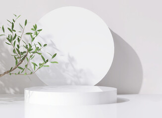 3D render beautiful white podium for whitening beauty skincare products display backdrop, templates with natural green leaves plant twig, sunlight and foliages leaves shadow. Floor, Space, Shadow. - obrazy, fototapety, plakaty