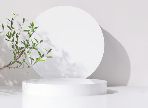 3D render beautiful white podium for whitening beauty skincare products display backdrop, templates with natural green leaves plant twig, sunlight and foliages leaves shadow. Floor, Space, Shadow.
