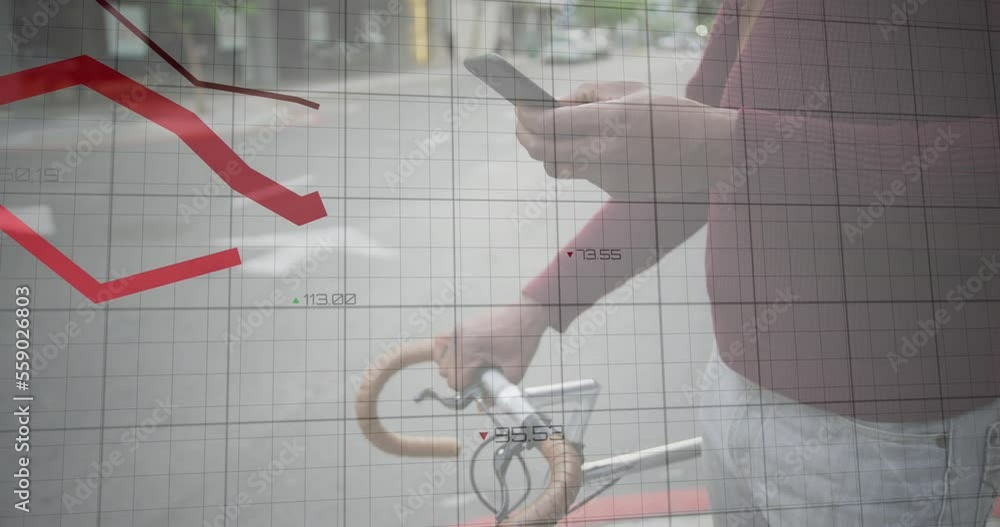 Poster animation of financial data processing with red lines over african american man using smartphone