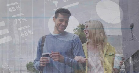 Animation of financial data processing over caucasian couple walking in city - Powered by Adobe