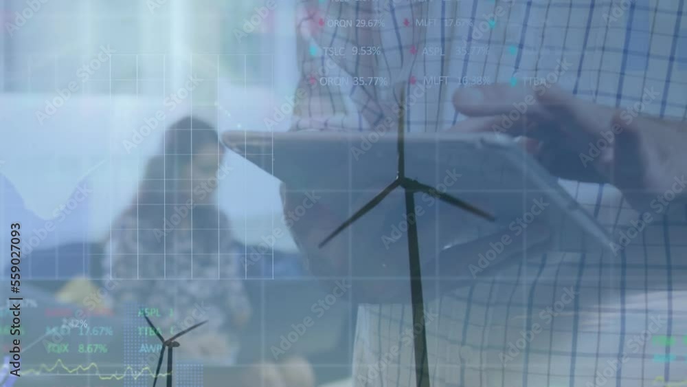 Poster animation of financial data processing over wind turbines man with tablet