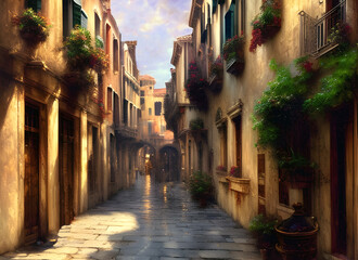 Fototapeta na wymiar Atmospheric painting of a beautiful narrow street in Venice with typical old venetian houses illuminated by summer sunlight. generative ai illustration, 