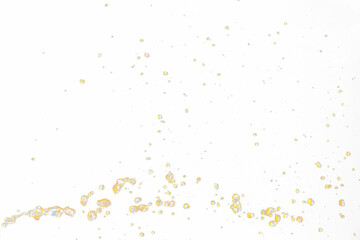 Orange, lemon juice or oil lubricant splash, liquid gold yellow drink drops. Fruit beverage water elements in line form . Fresh splashing and flowing jets, black background isolated freeze motion