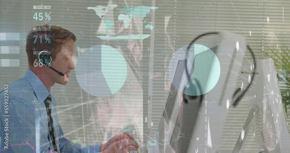 Poster animation of data processing over caucasian businessman using phone headset in office