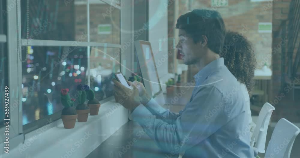 Poster animation of graphs, loading circle on diverse man using cellphone and talking with female coworker