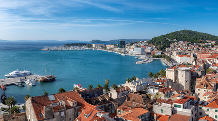 Aerial view of Split old town with harbor in Sunny day, Croatia