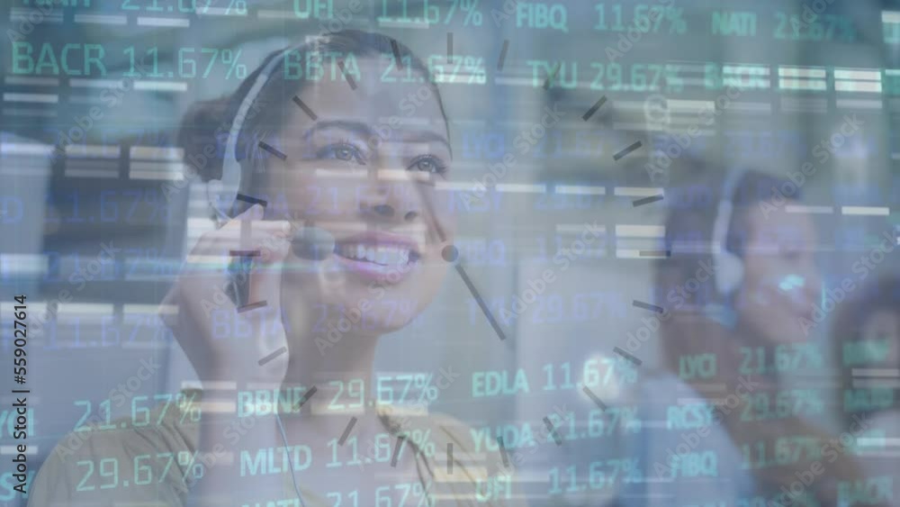 Aufkleber animation of financial data processing and clock over diverse business people at call center