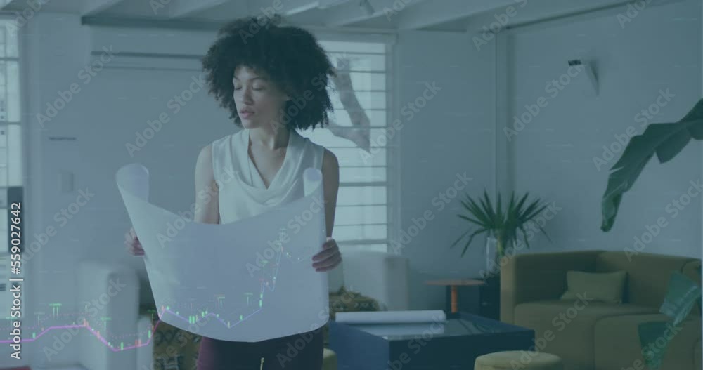 Wall mural Animation of financial data processing over african american businesswoman working at office