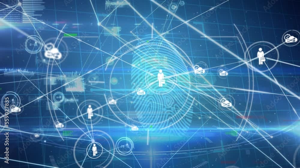 Poster animation of network of connections and data processing over fingerprint