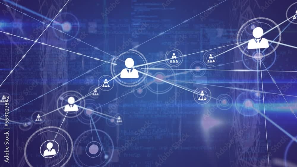 Poster animation of connected icons, dots abstract shapes and computer language on blue background