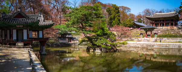Panoramic view of Buyeongji Pond in the Huwon secret garden of Changdeokgung Palace with...