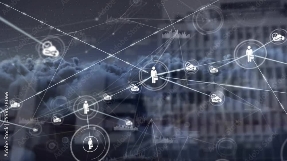 Poster animation of connected icons, graphs over dense clouds against building in background