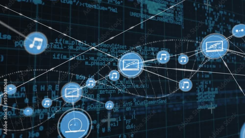 Poster animation of connected icons, dna helix over programming language against black background