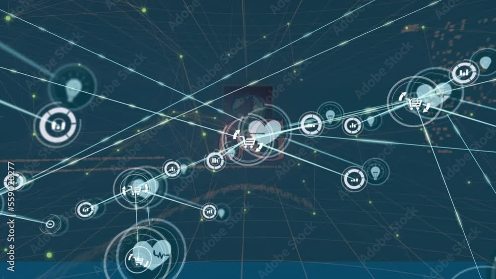 Poster animation of network of connections with icons and data processing on black background