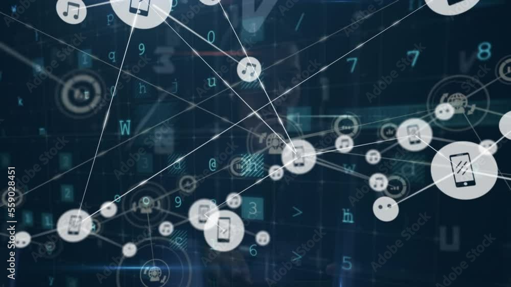 Poster animation of network of connections and caucasian male hacker over data processing