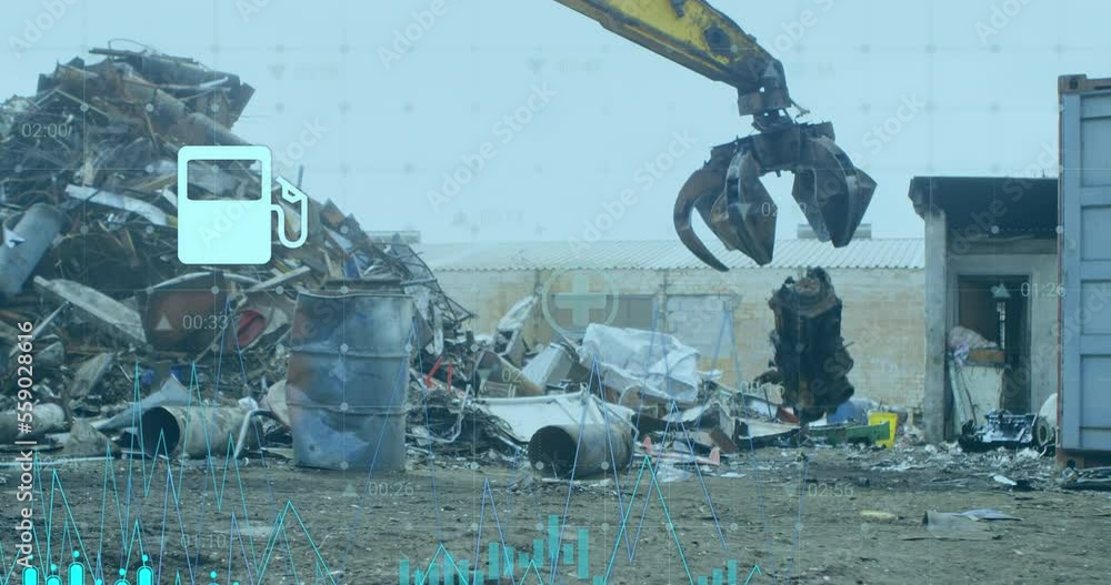 Poster animation of financial data processing with icons over rubbish dump