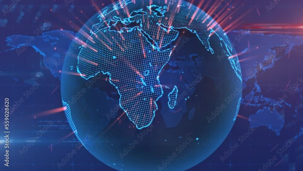Poster animation of globe with purple lines and data processing on black background