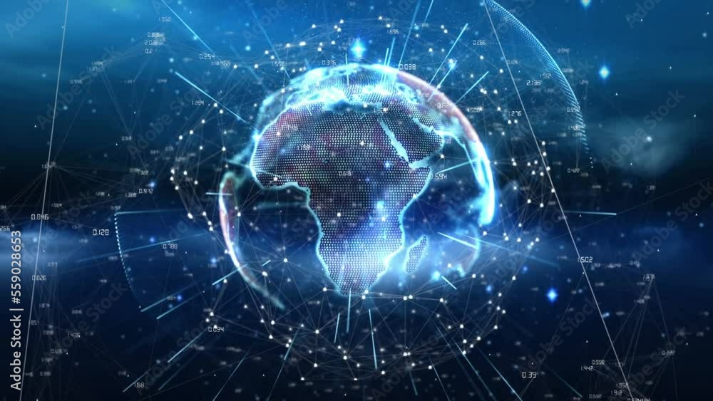 Poster animation of globe with network of connections and data processing on black background