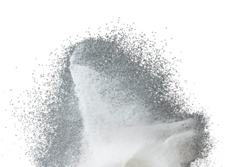 Million of white sand explosion, Photo image of falling down shower snow, heavy snows storm flying. Freeze shot on black background isolated overlay. Tiny Fine Salt sands as particle science