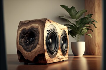 Solid wood design speaker system for home entertainment. Generative ai illustration for lovers of sound and design. - obrazy, fototapety, plakaty