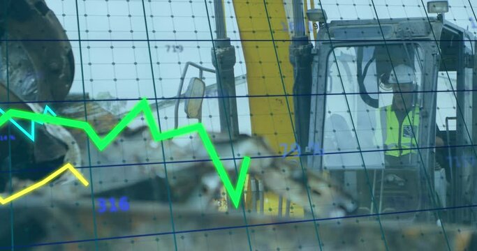 Animation of financial data processing over caucasian worker at rubbish dump - Powered by Adobe