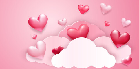 Valentine's Day illustration with red hearts and paper clouds on pink background