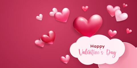 Valentine's Day illustration with voluminous hearts and paper clouds on red background