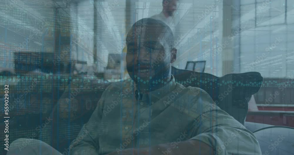 Poster animation of data processing over diverse business people smiling in office
