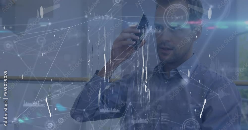 Poster animation of data processing over caucasian businessman working in office