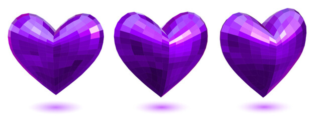 Set of three volume faceted hearts in purple colors with shadows on white background
