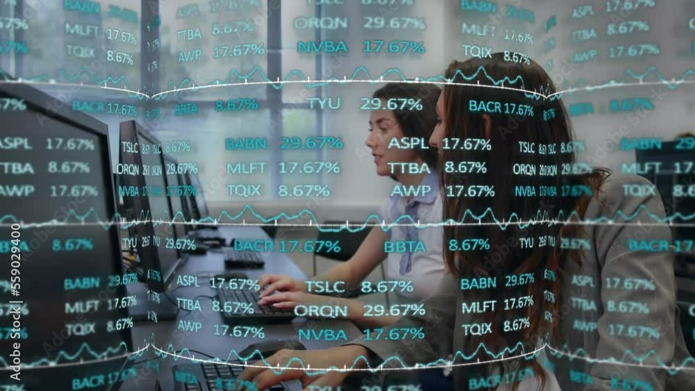 Poster animation of financial data processing over diverse business people using computers