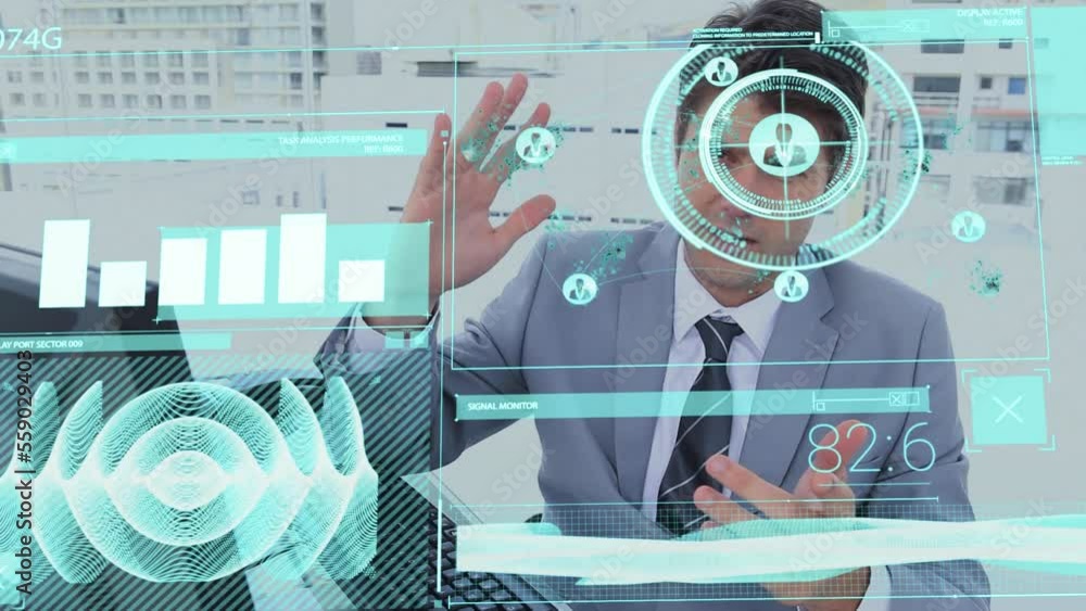 Poster animation of financial data processing over caucasian businessman using computer