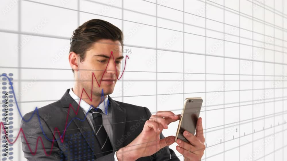 Poster animation of financial data processing over caucasian businessman using smartphone