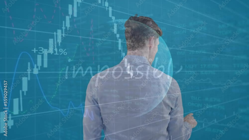Poster animation of data processing over globe and caucasian businessman with impossible text