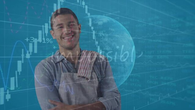Animation of financial data processing and globe with impossible text over caucasian male chef