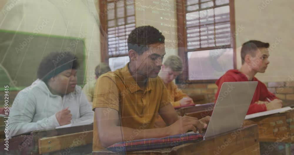 Poster animation of data processing over diverse students using laptop
