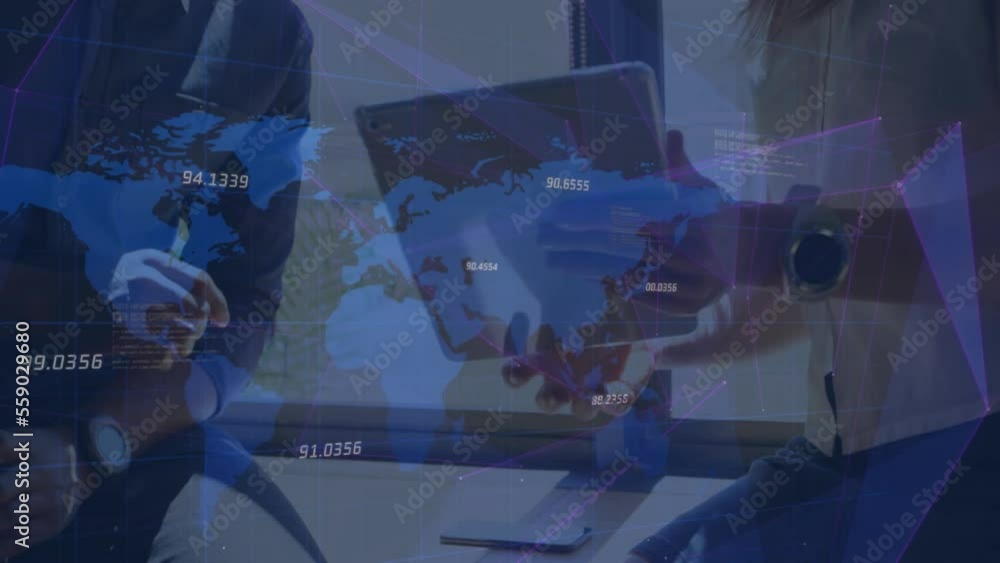 Poster animation of data processing over world map and caucasian business people using tablet