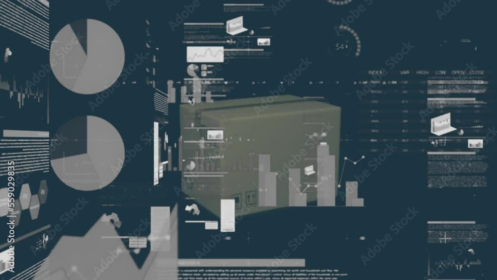 Aufkleber animation of graphs and data over falling cardboard box and 2d model of truck