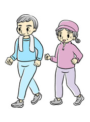 並んでウォーキングするシニア夫婦のイラスト（左向き）