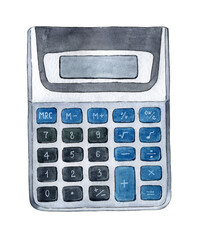 Watercolor gray calculator for calculating numbers, mathematics, algebra. 
