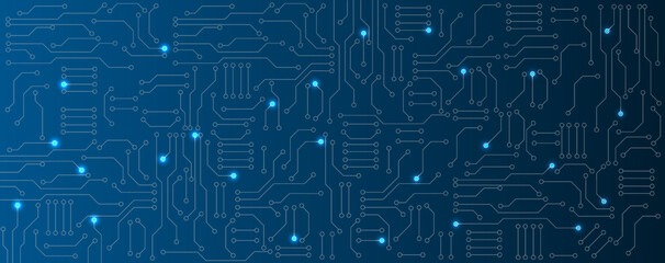 Blue circuit electronic or electrical line circuit board with circle engineering technology concept vector background